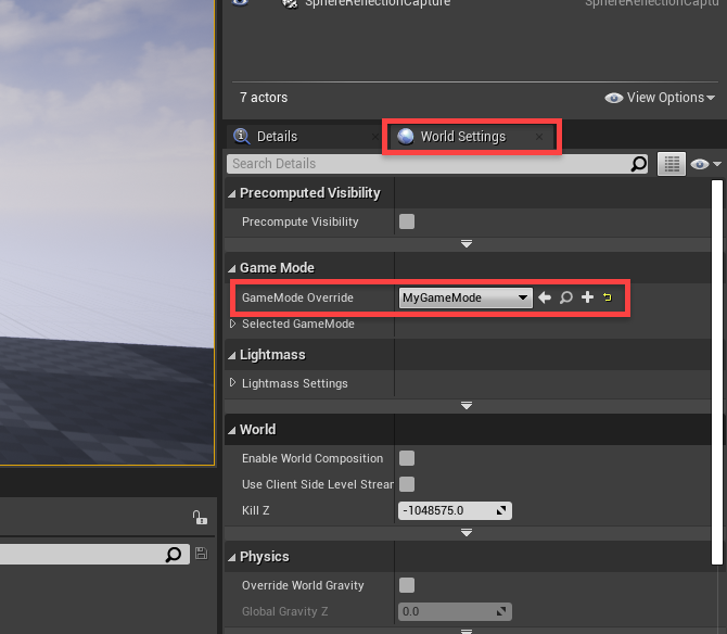 Unreal Engine World Settings window