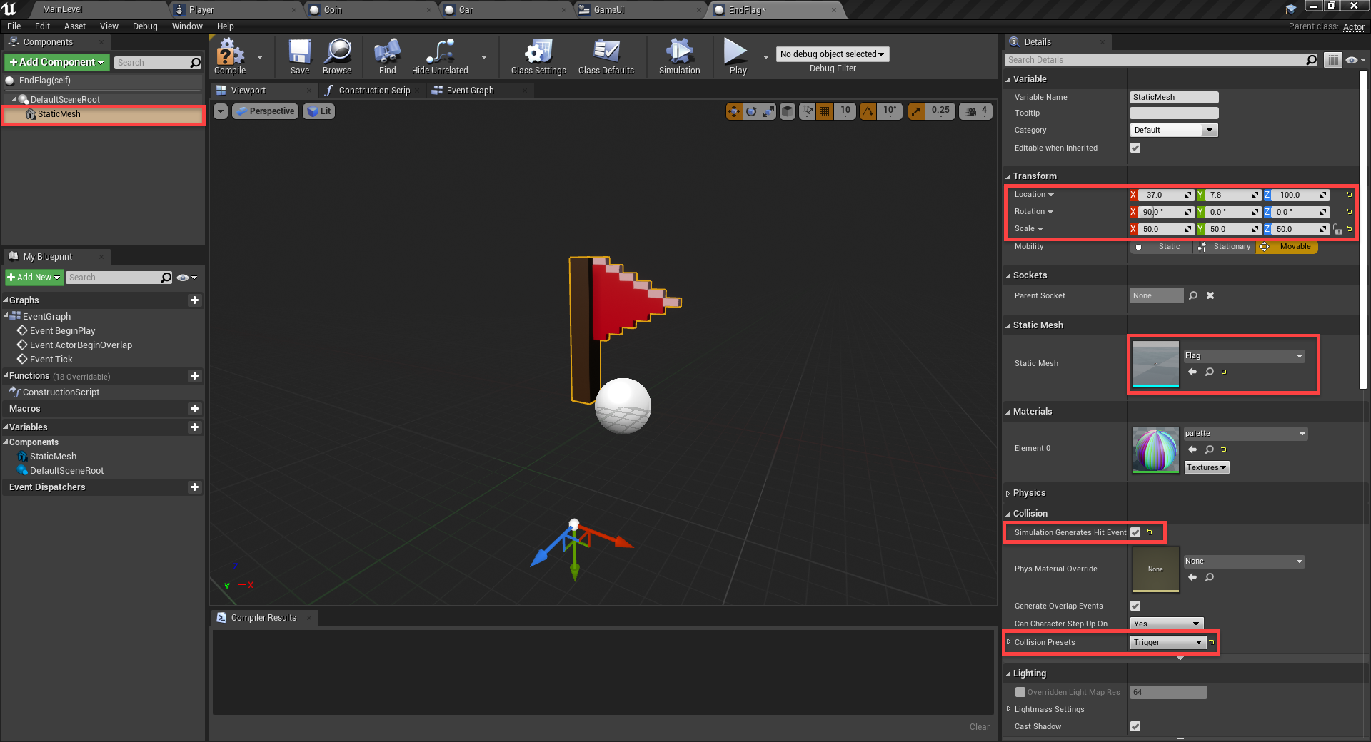 EndGoal blueprint created with flag model