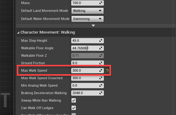 Character walking movement with max walk speed circled