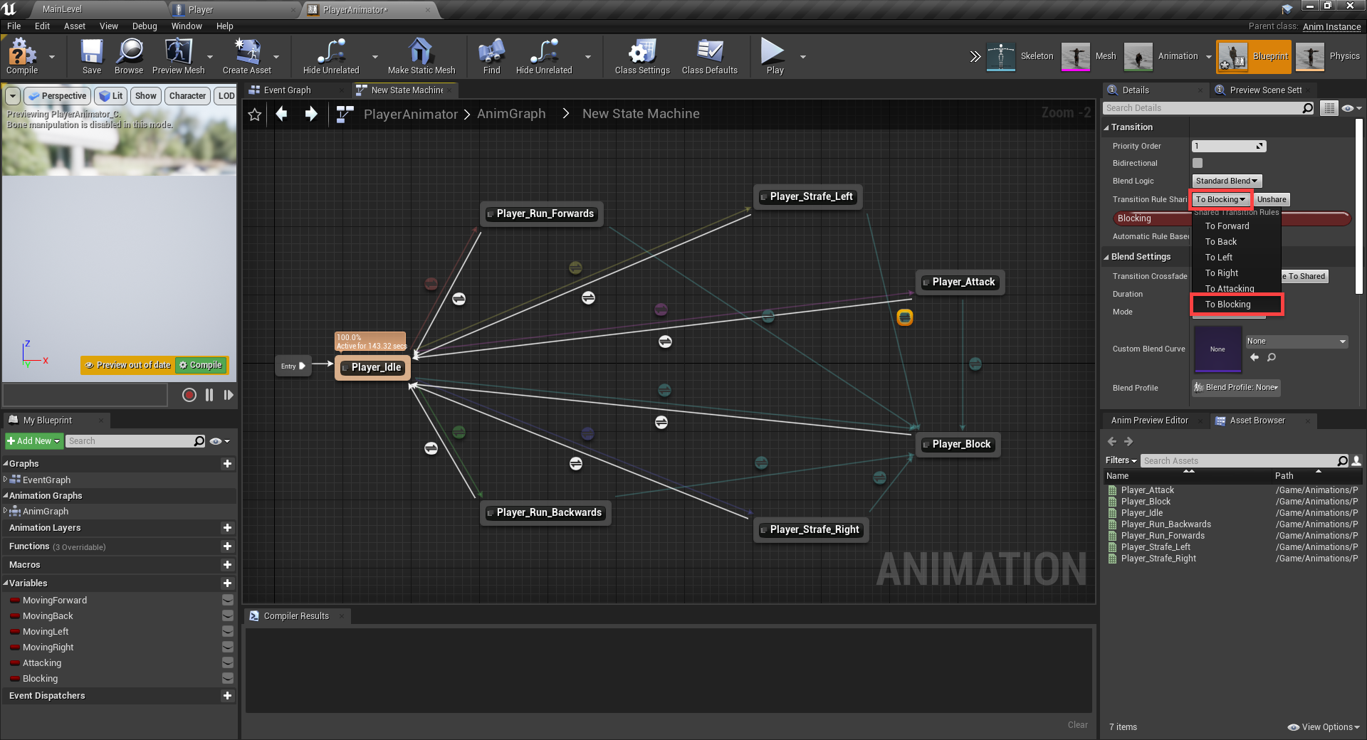 Blocking player state connected to all other animations in Player State Machine