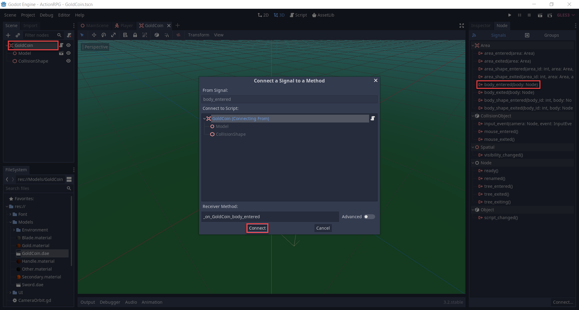 Godot Connect a Signal to a Method window