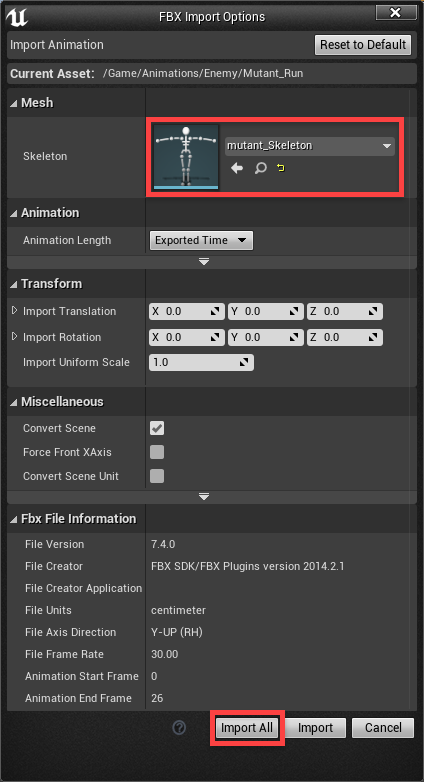 Unreal Engine Import Options with mutant skeleton selected