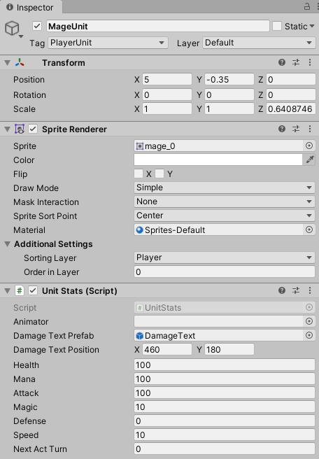 Mage unit prefab with the unit stats script.