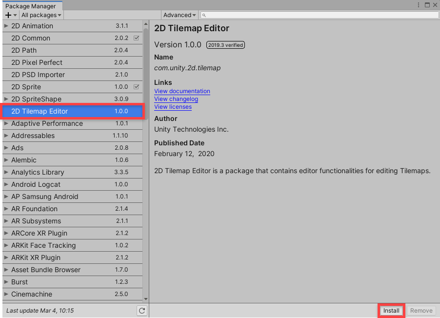 Installing the 2D Tilemap Editor in the Package Manager.