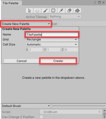 Creating a new palette in the Tile Palette window.