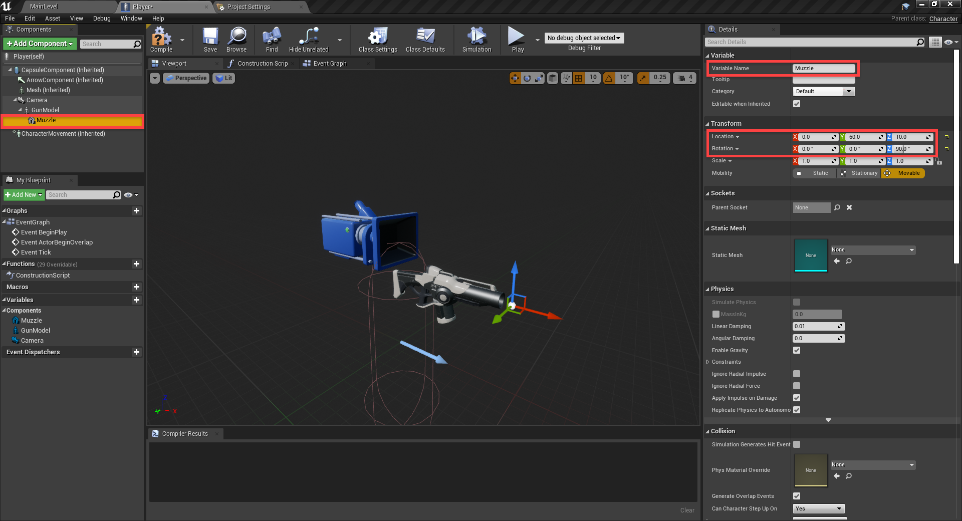 Unreal Engine Details for gun object