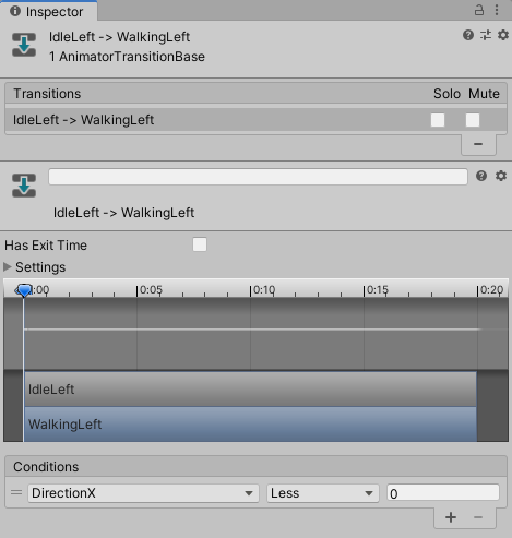 Animator transition between the IdleLeft and WalkingLeft animation.
