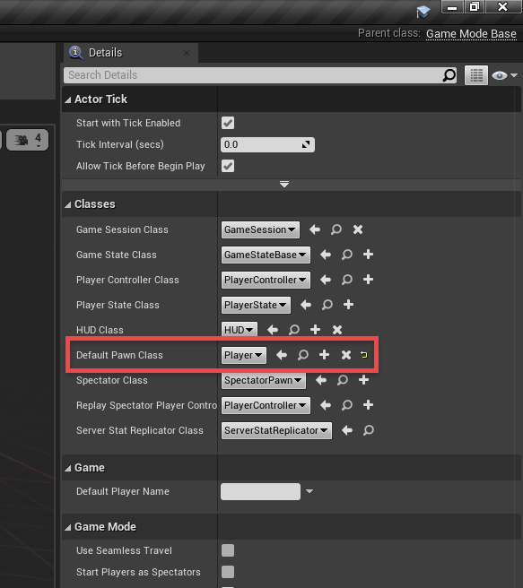 Unreal Engine with Default Pawn Class attached to Player