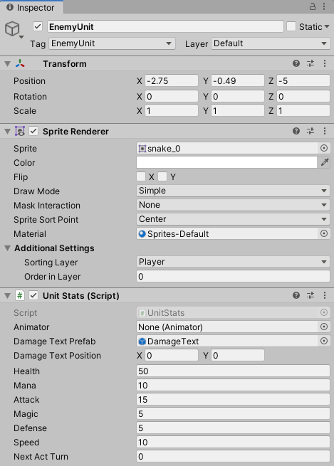 Enemy unit object with the Unit Stats script.