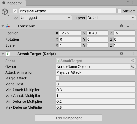 Physical attack prefab with the attack target stats.