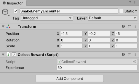 Snake enemy encounter prefab with a collect reward script.