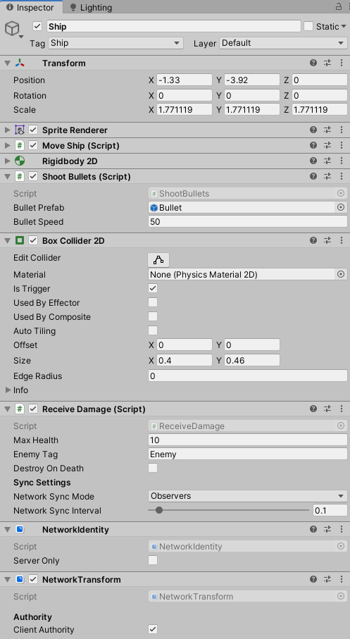 Player ship object with Unity mirror networking components.