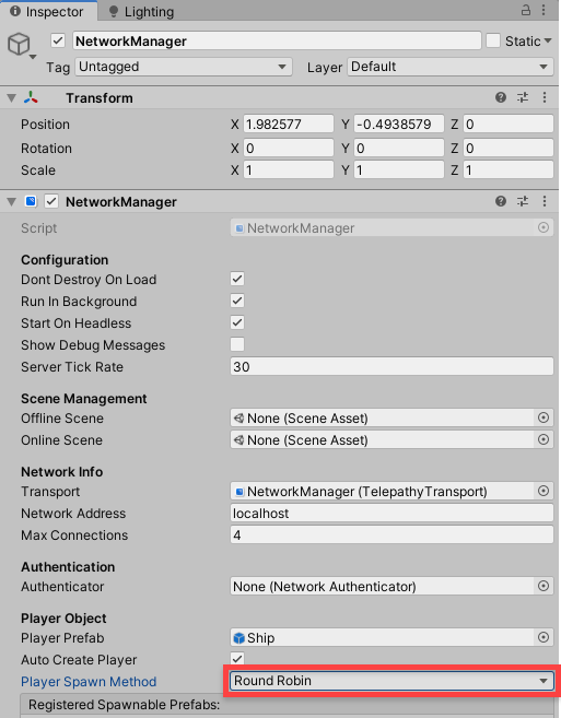 Setting the player spawn method to round robin in the network manager.