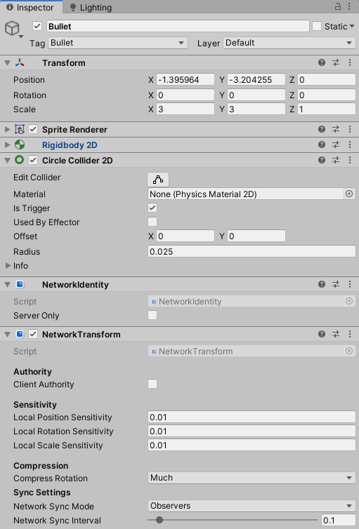 Bullet object with the physics and networking components.