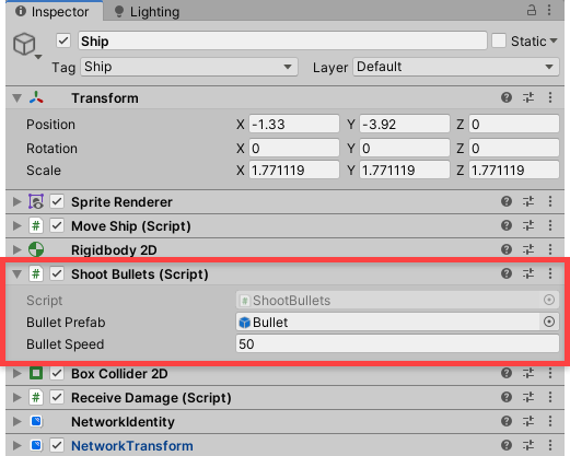 Attaching the shoot bullets script to the ship prefab.