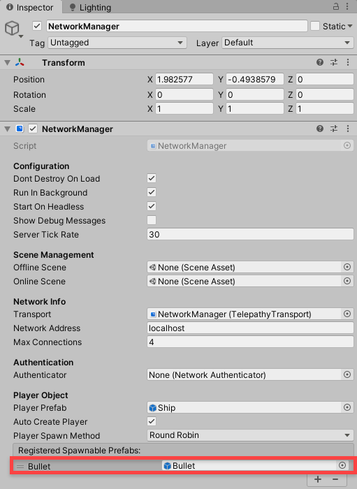 Adding the bullet prefab to the network manager's registered spawnable prefabs.