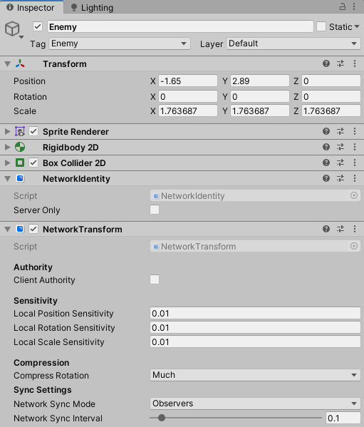 Enemy prefab with Mirror and Unity's networking components.