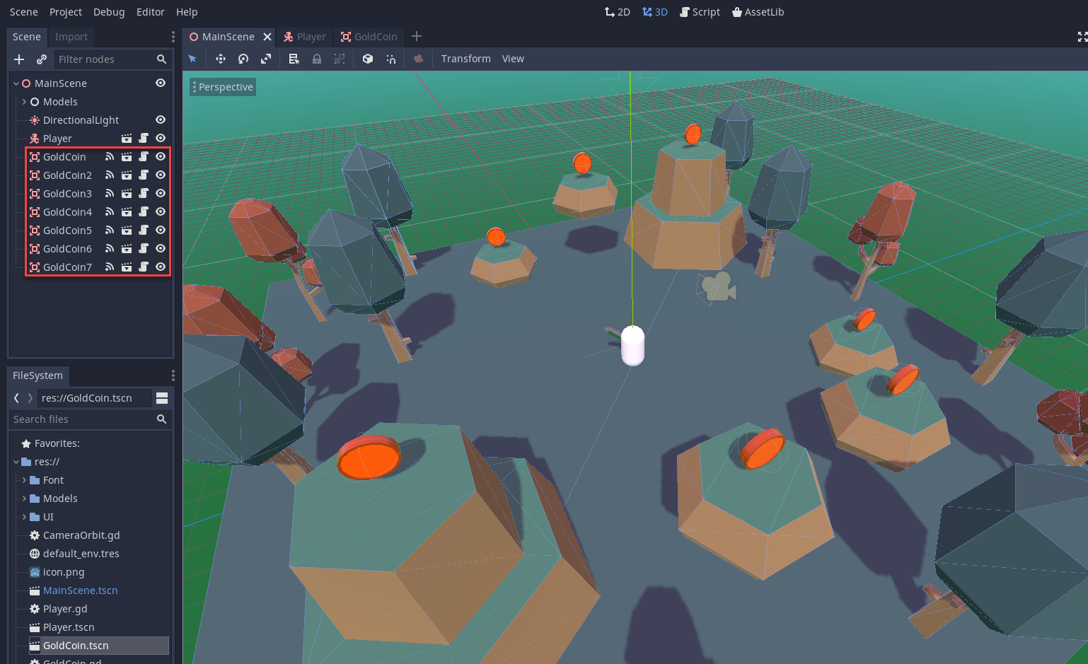 Godot MainScene with several coins added