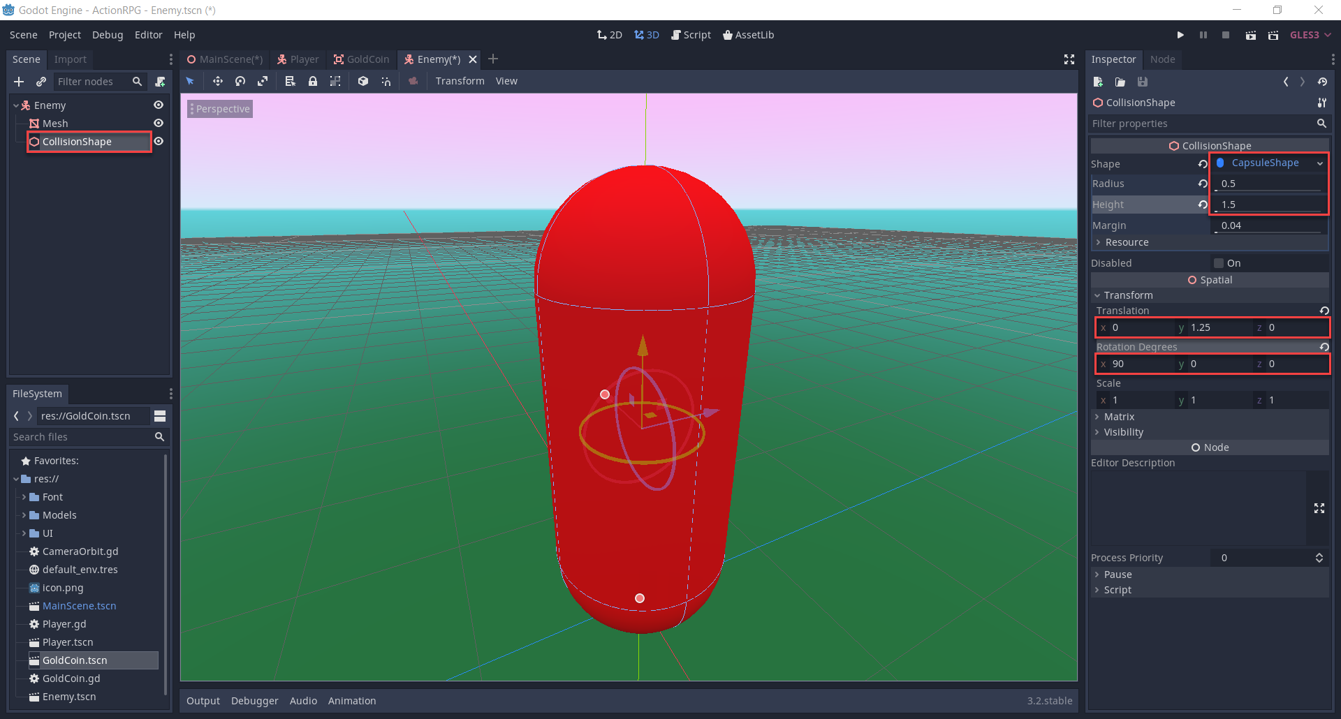 Enemy node in Godot with CollissionShape added