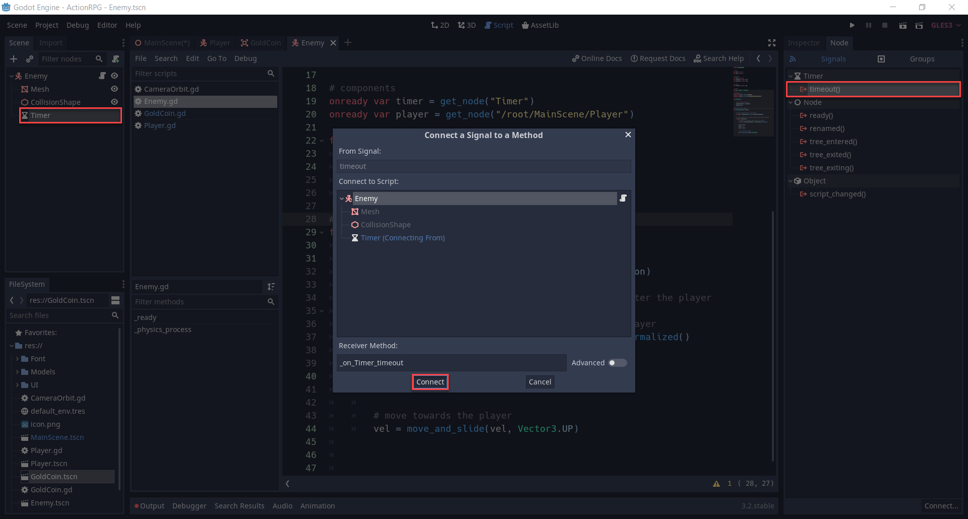 Godot Connect a Signal to a Method window