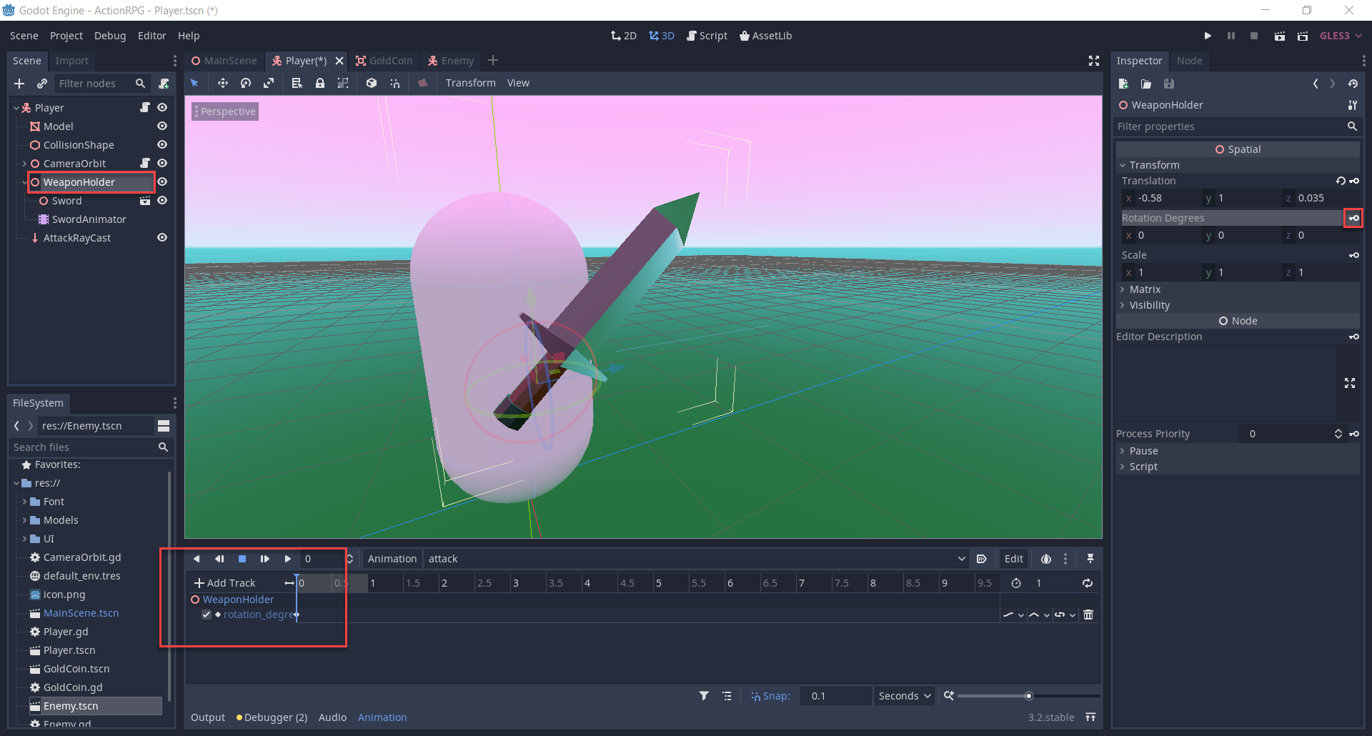 Godot scene with sword swinging animation added