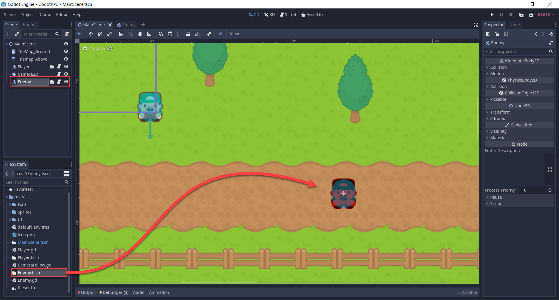 Enemy Node added to MainScene in Godot