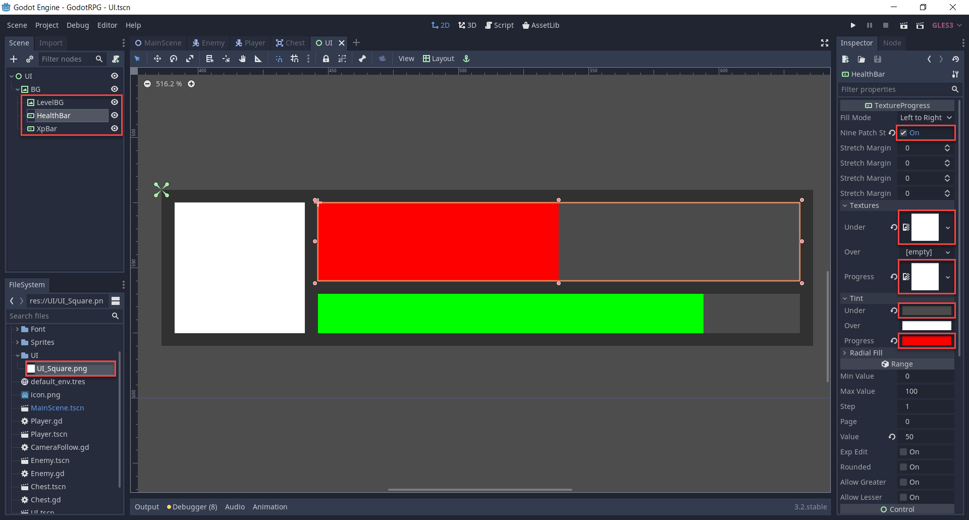 Godot UI with health bar selected