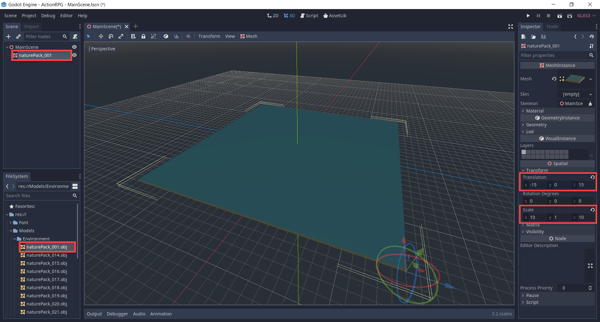 MainScene node in Godot with nature pack added