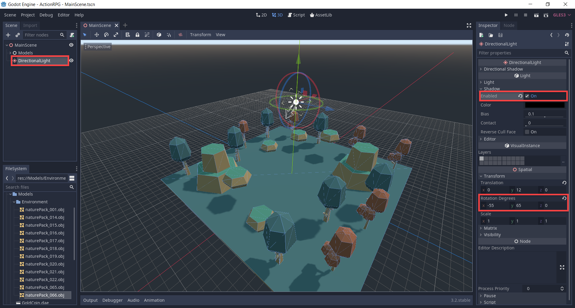 Godot MainScene node with DirectionalLight added