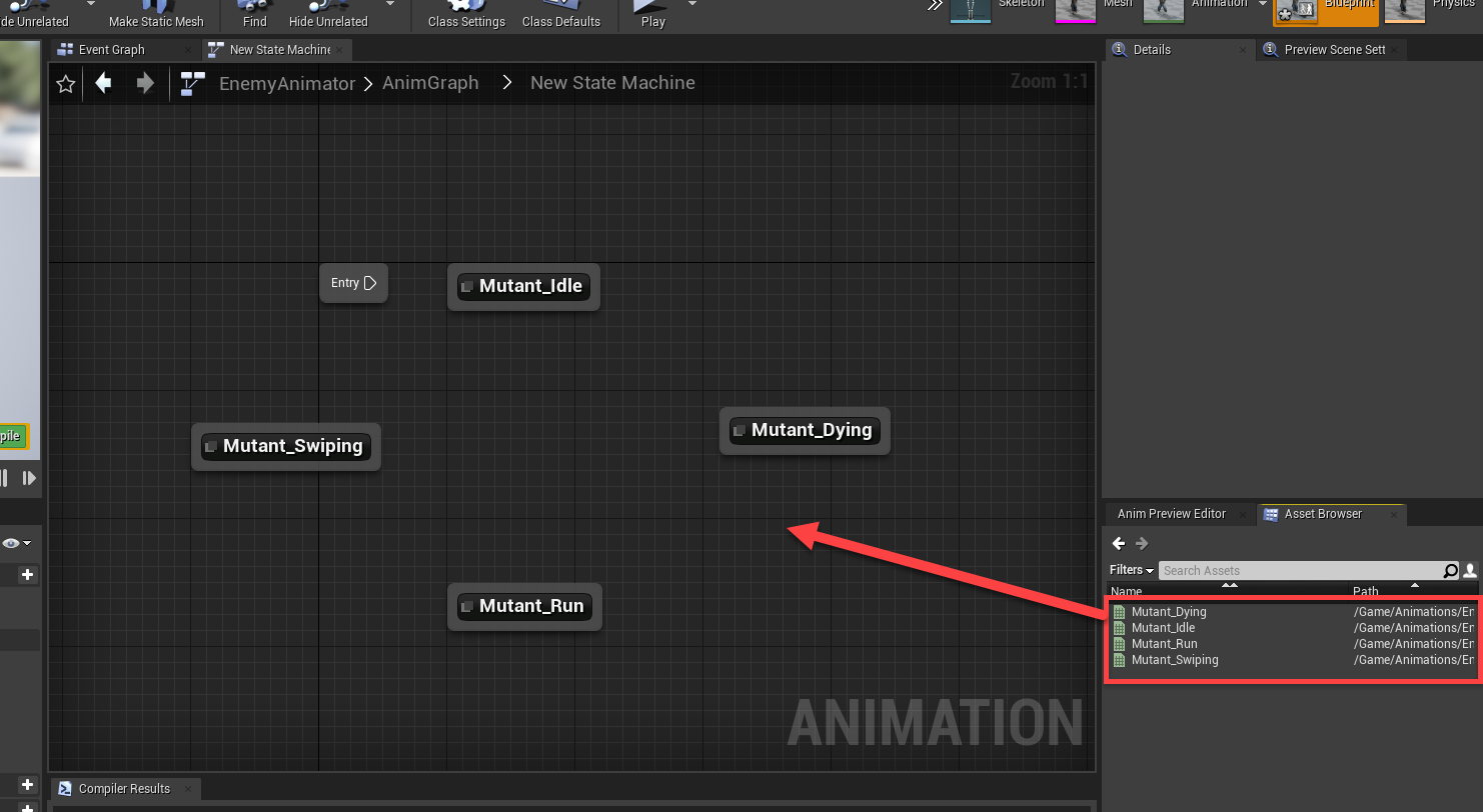 Animation assets added to Enemy State Machine