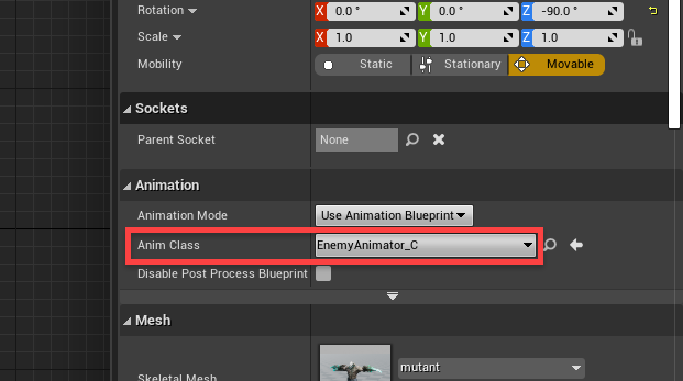 Enemy with Anim Class added in Unreal Engine