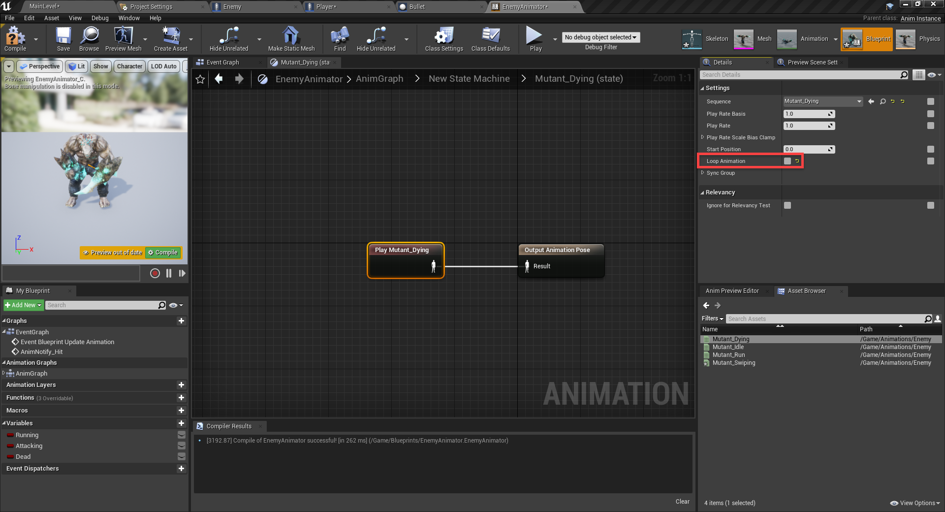 Enemy dying logic added to state machine