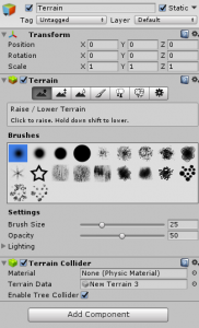 Terrain object in the Unity Inspector with Terrain Component open
